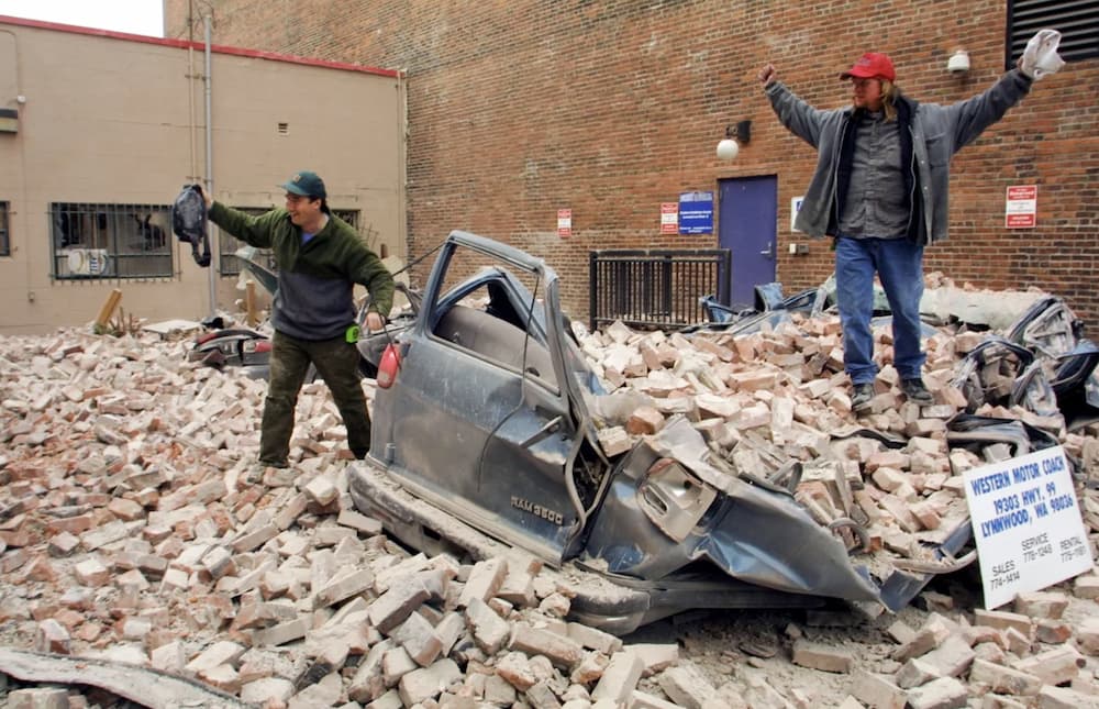 Nisqually earthquake crushes car with bricks
