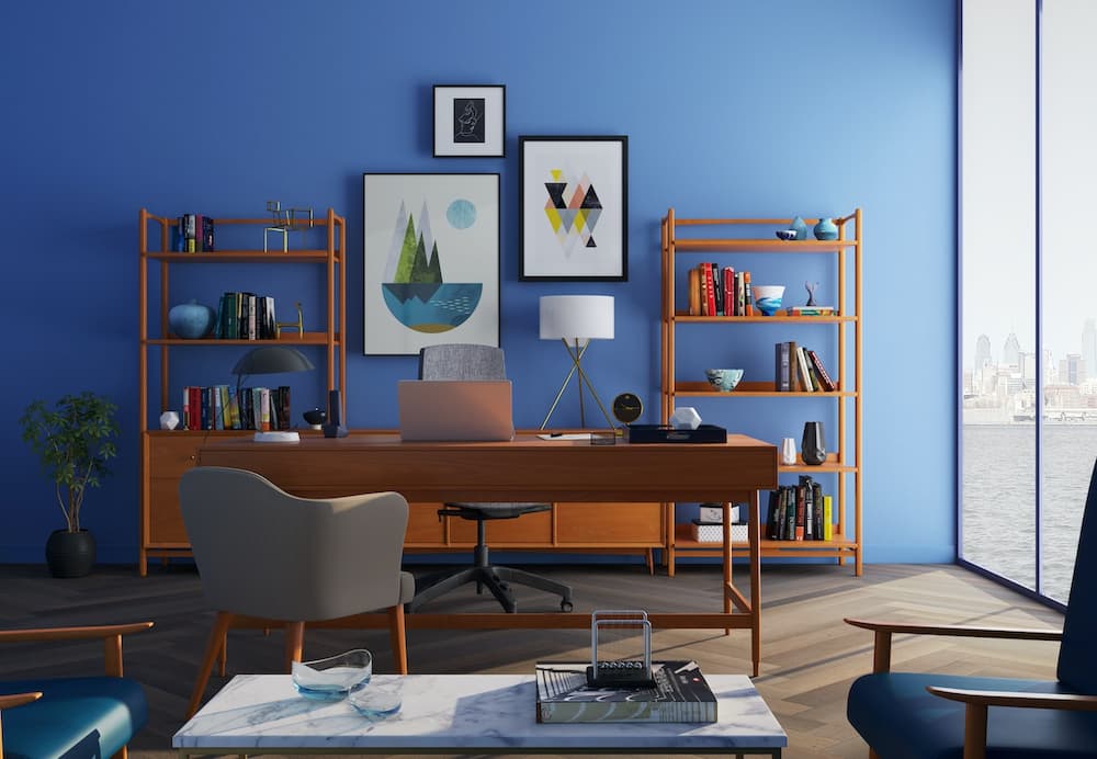 color combinations of blue and brown in office renovation