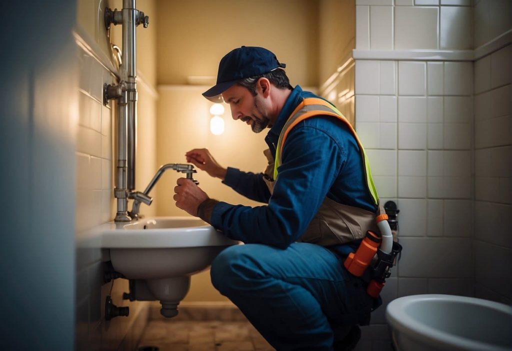 A plumber fixing a leaky pipe in a residential bathroom