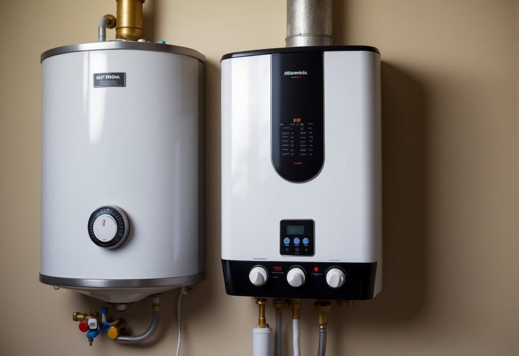 A tankless water heater and a traditional tank water heater side by side, with question marks floating above them