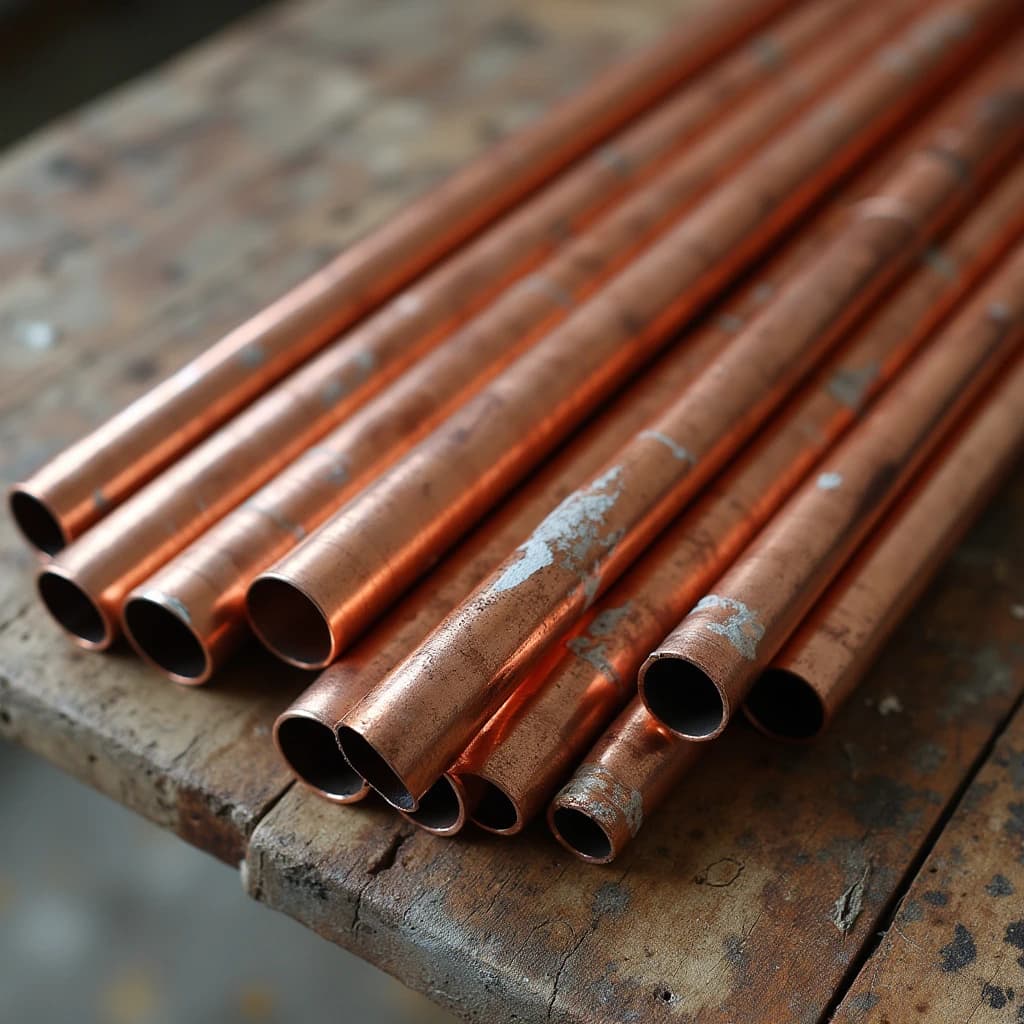 a pile of copper pipes on a skid