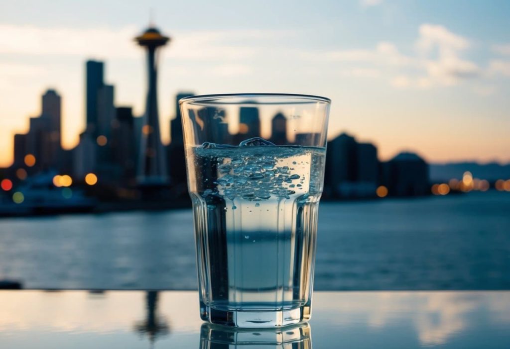 Glass of liquid with skyline in the background