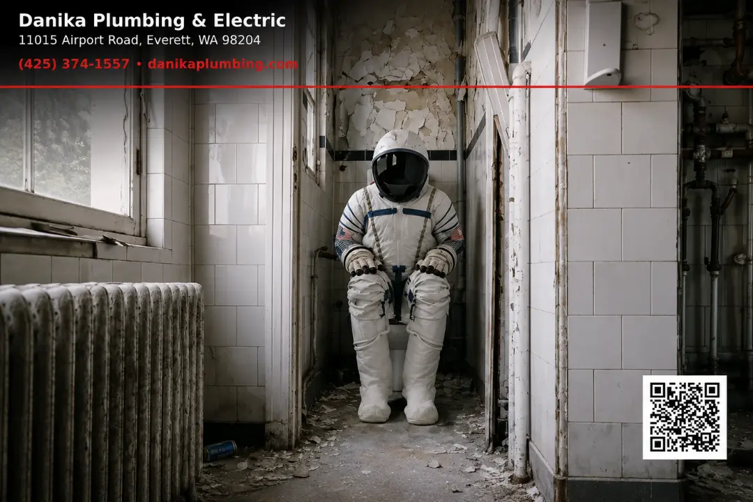 Astronaut sitting on a toilet with full space suit on