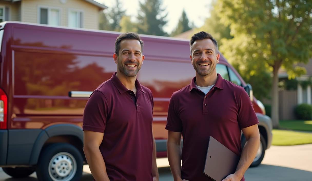 Two licensed Danika Plumbing & Electric electricians by their service van at an Everett, WA home