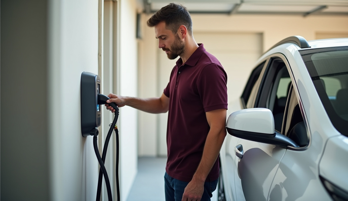 Charging at a newly installed Level 2 home EV charger in an Everett, WA garage