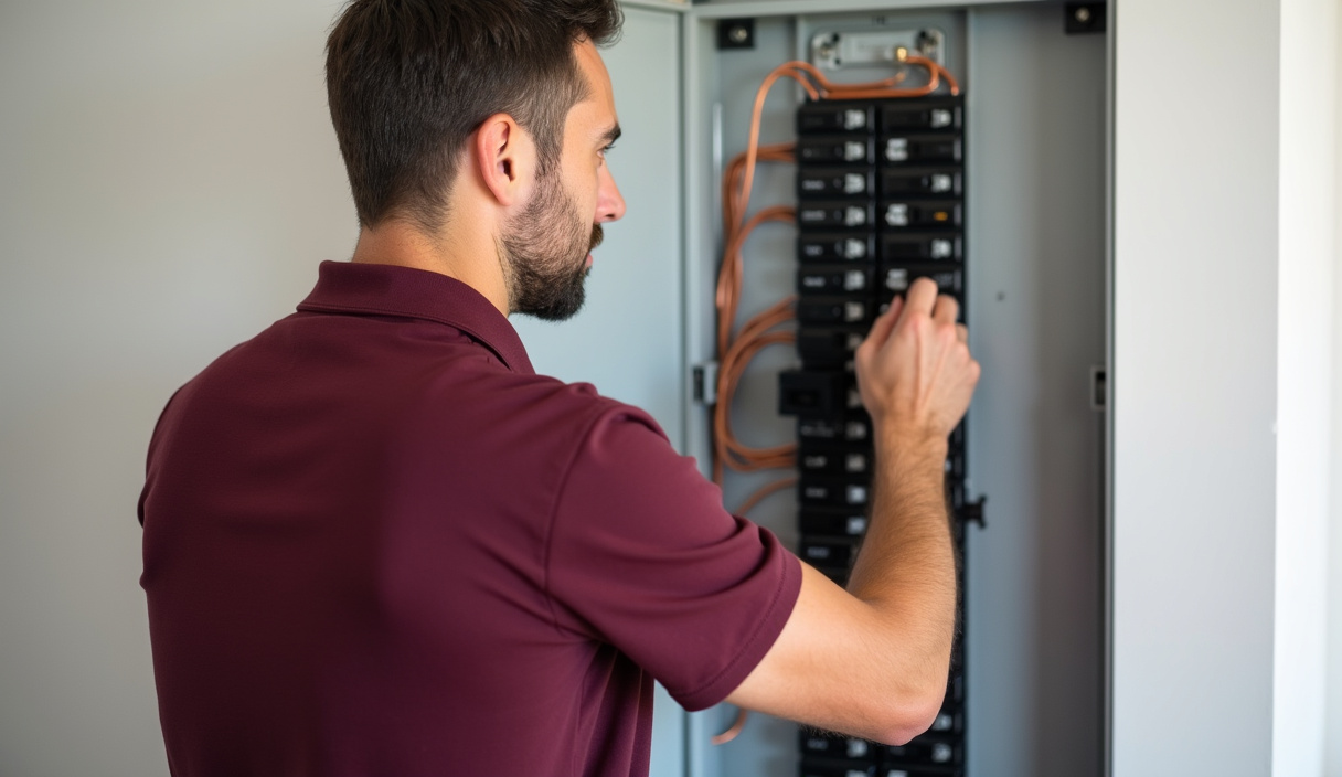 Licensed Danika electrician working on an open 200-amp electrical panel in an Everett, WA home