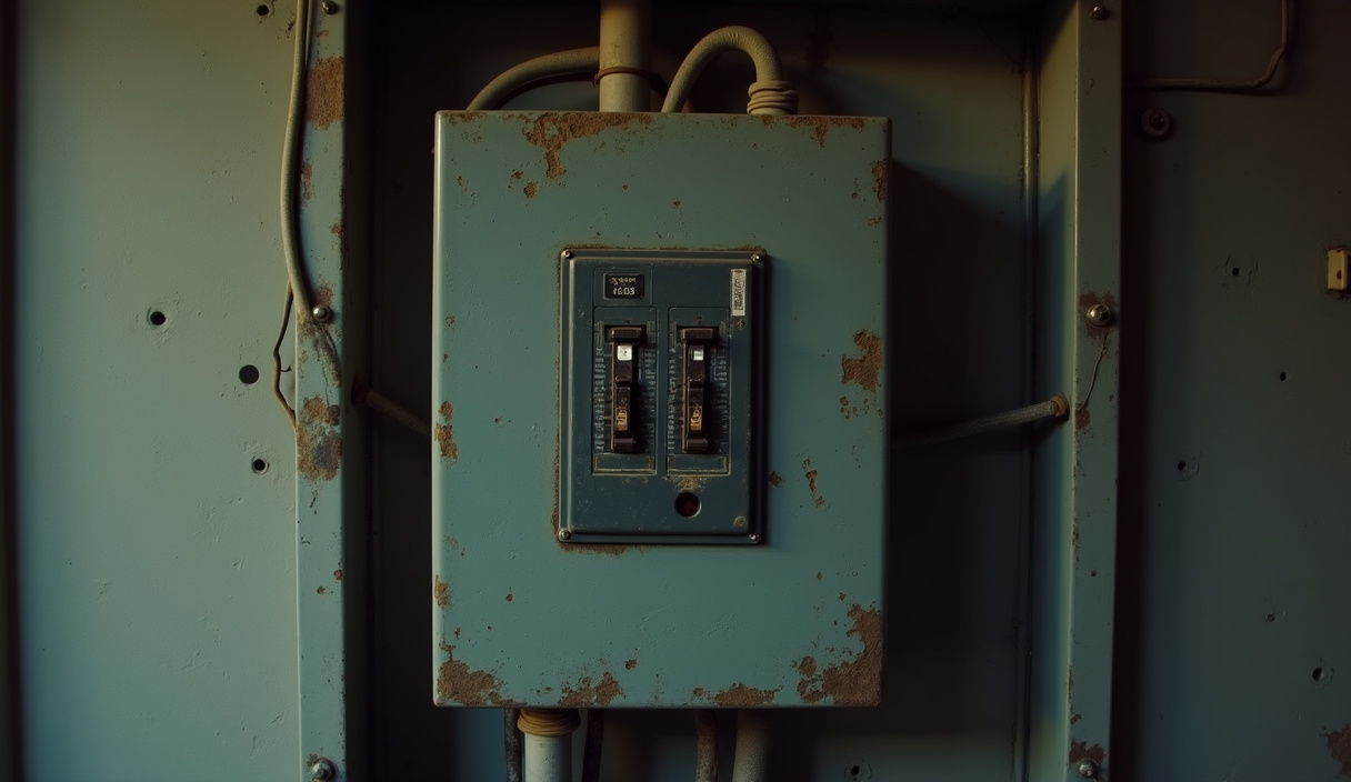 An aging, outdated residential electrical panel due for replacement in an Everett, WA home