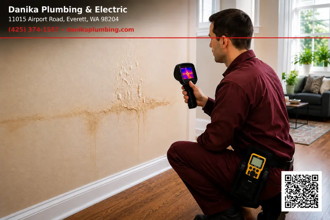 Danika Plumbing technician using thermal imaging equipment to locate a hidden water leak behind a wall in an Everett WA home.