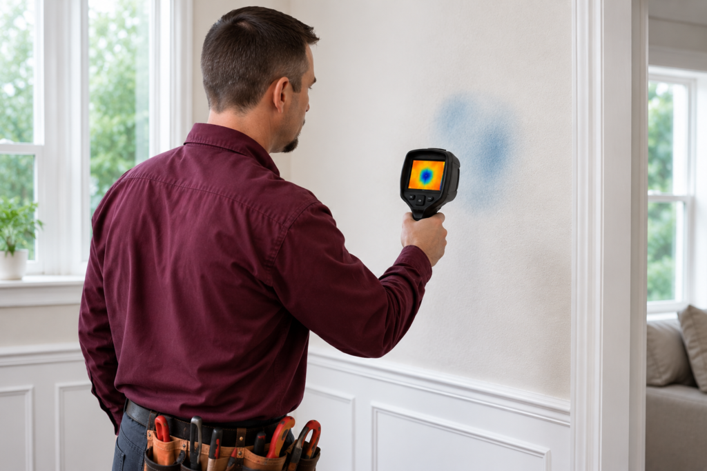 plumber using thermal camera to find wall leak Everett