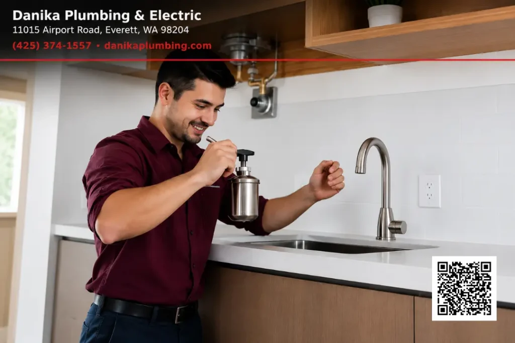 Plumber inspecting and servicing a kitchen sink drain in a residential home.