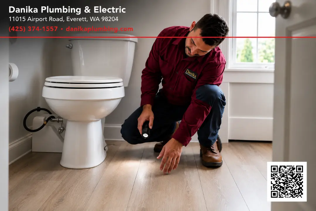 Plumber inspecting a gurgling toilet in a residential bathroom in Everett, WA