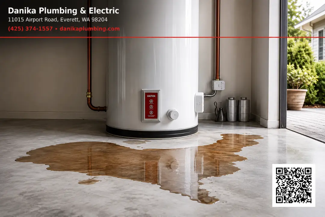 Leaking water heater causing water damage on a garage floor in Everett, WA