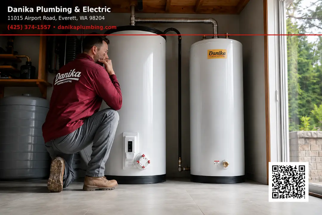 Technician inspecting residential water heater tanks in a utility room in Lynnwood Homes