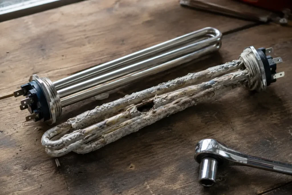 burned-out heating element removed from a water heater with no hot water