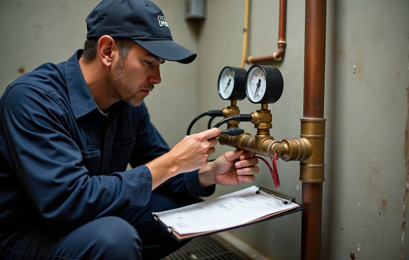 Plumber attaching test gauges to a reduced-pressure backflow assembly in a commercial building utility room