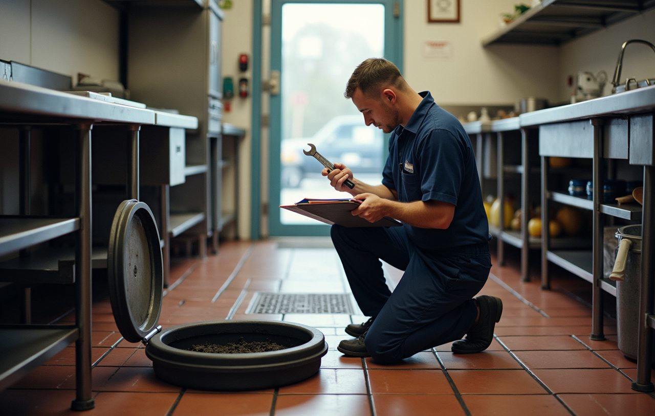 Danika plumber servicing an open grease interceptor in the back-of-house area of a commercial kitchen in Everett, Washington