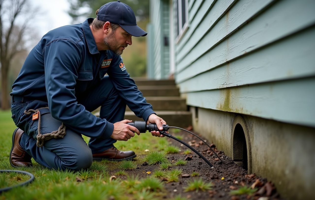 Danika plumber feeding a drain cable into an exterior cleanout at a home in Everett, Washington