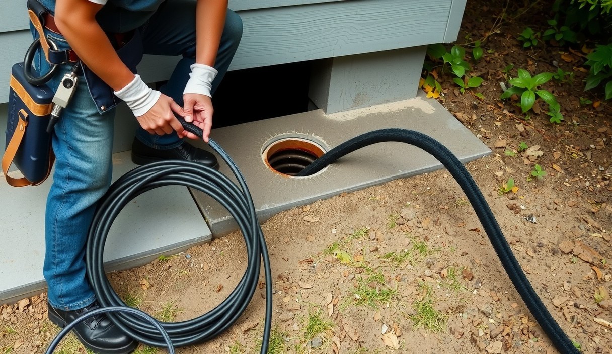 Plumber feeding a drain cable into an exterior cleanout at a home in Everett, Washington