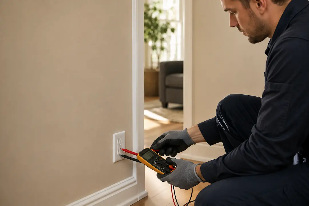 Electrician testing a residential outlet with a multimeter in an Everett home