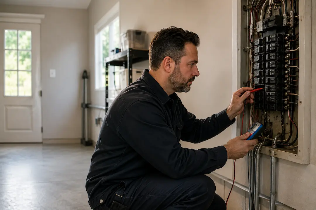 Electrician performing an electrical repair, troubleshooting a home breaker panel in Everett, WA