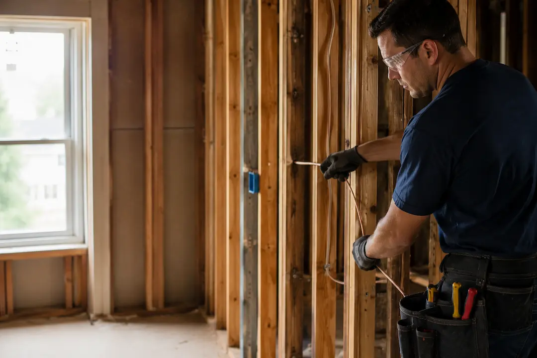 Electrician pulling new wiring through open framing during a home rewire