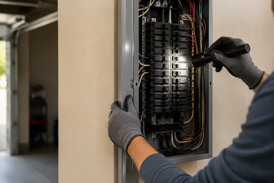 Electrician inspecting a home electrical panel during a safety inspection