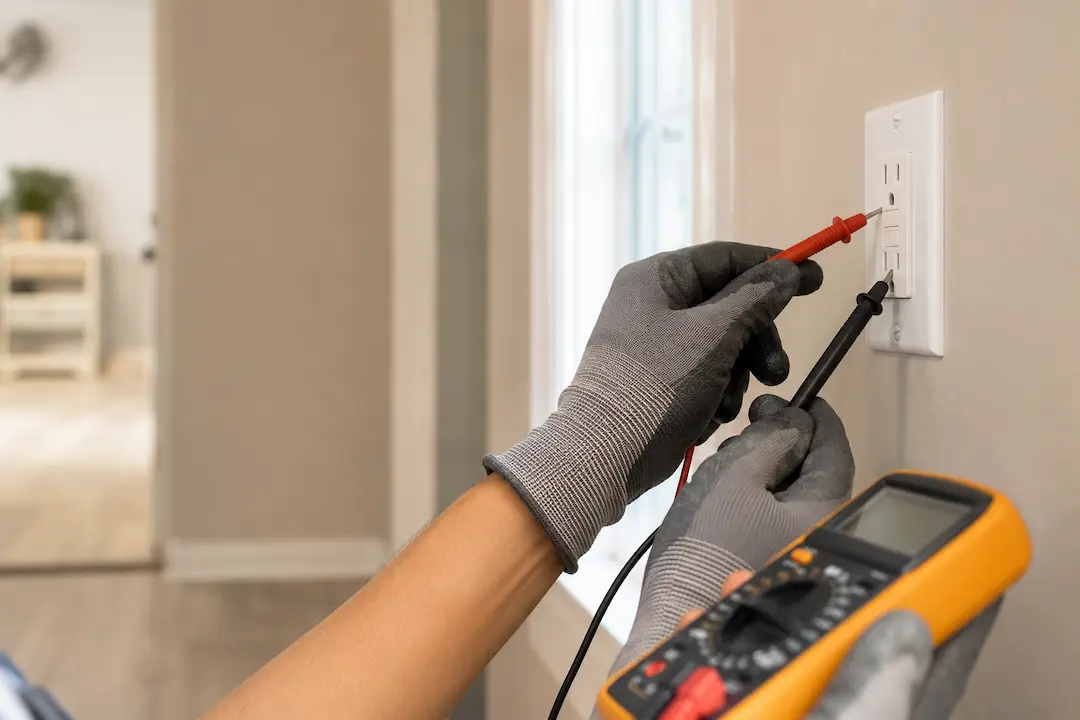 Electrician testing GFCI outlet during an electrical safety inspection in Everett, WA
