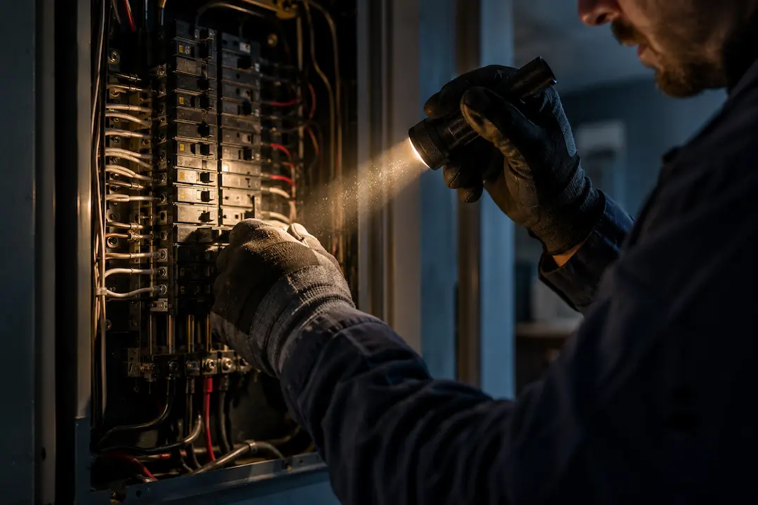 emergency electrical repair technician inspecting a panel by flashlight during a power outage