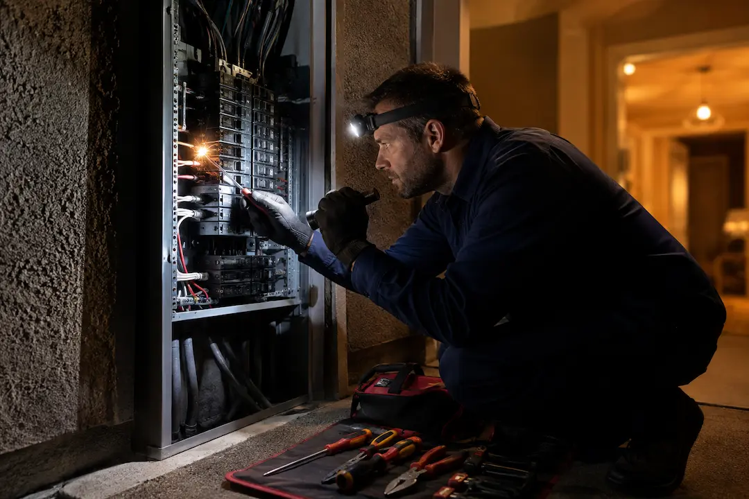 emergency electrician Everett WA responding to a sparking breaker panel at night