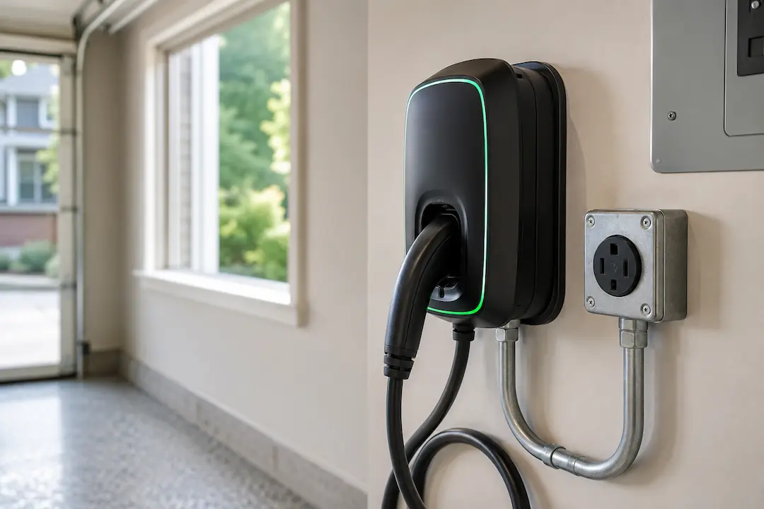 Level 2 home EV charger install on a garage wall in Everett, hardwired Wallbox unit next to a NEMA 14-50 outlet