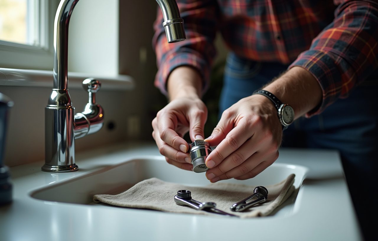 Plumber rebuilding a kitchen faucet cartridge on the counter during a faucet repair in Everett, WA