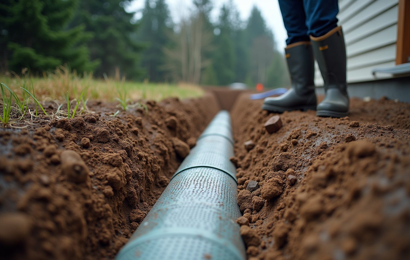 Perforated french drain pipe wrapped in filter fabric bedded in gravel alongside a Snohomish County home