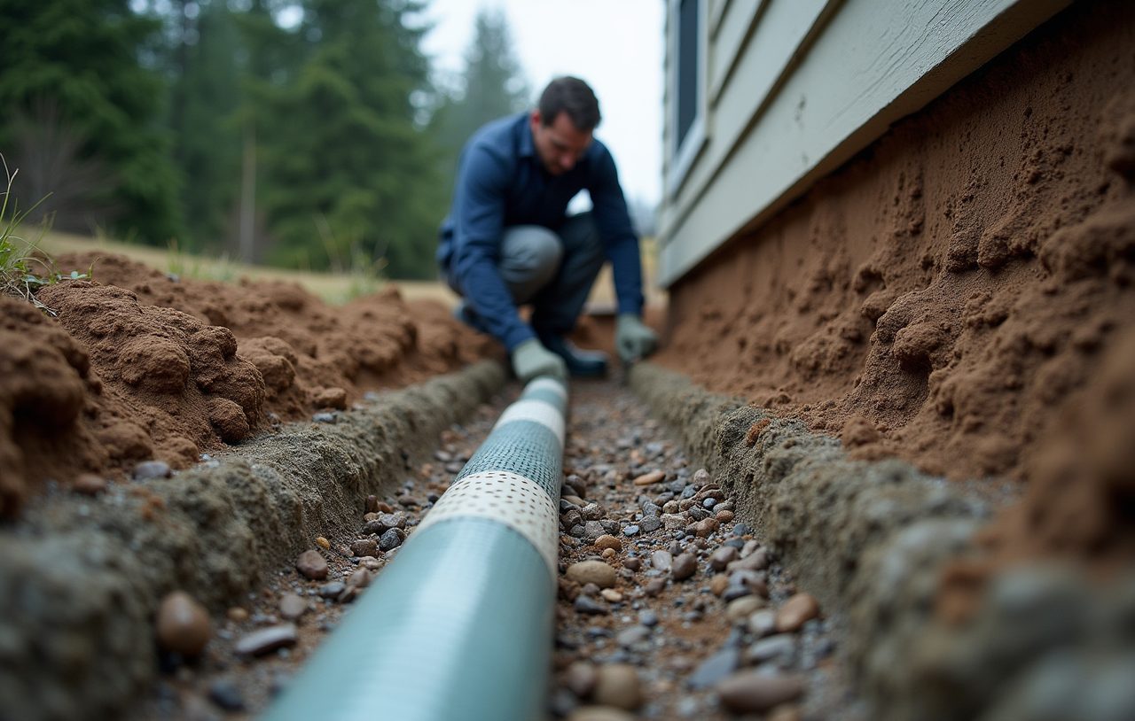 Perforated pipe and filter fabric being set in a gravel trench along a house foundation in Snohomish County
