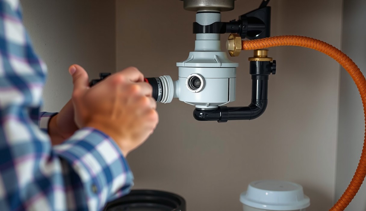 Plumber inspecting the discharge tube and dishwasher hose connections on a garbage disposal under an Everett kitchen sink