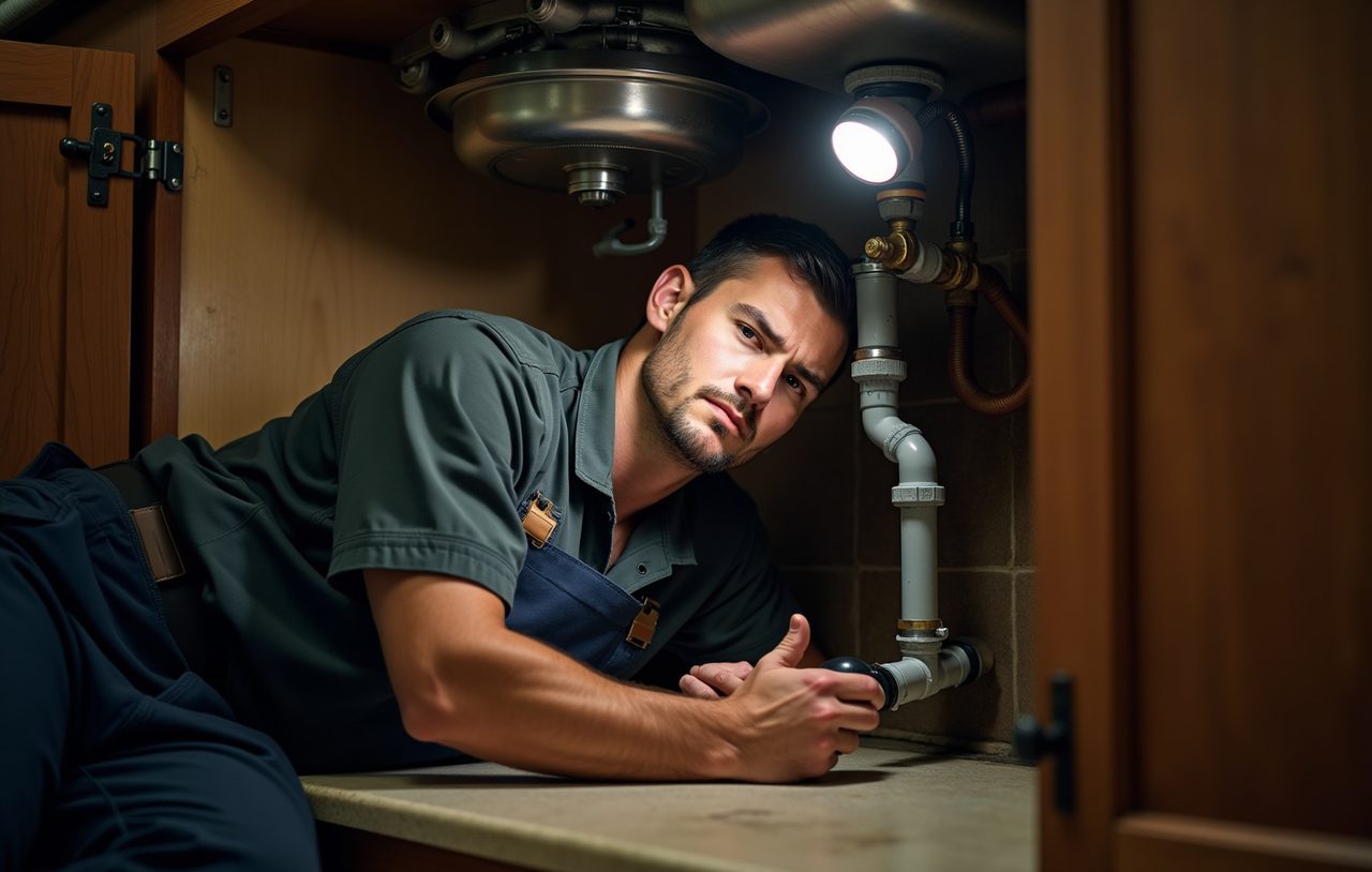 Plumber with a headlamp working on a garbage disposal under a kitchen sink in Everett, Washington