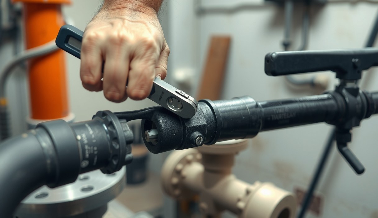 Licensed gas fitter threading black iron pipe for a new gas line in an Everett home's crawlspace, with a pressure gauge on the manifold