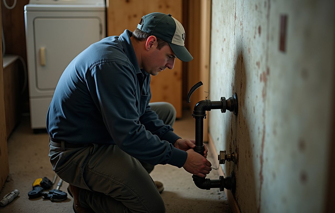 Plumber threading black iron gas pipe with a sediment trap and shutoff valve during a gas line installation