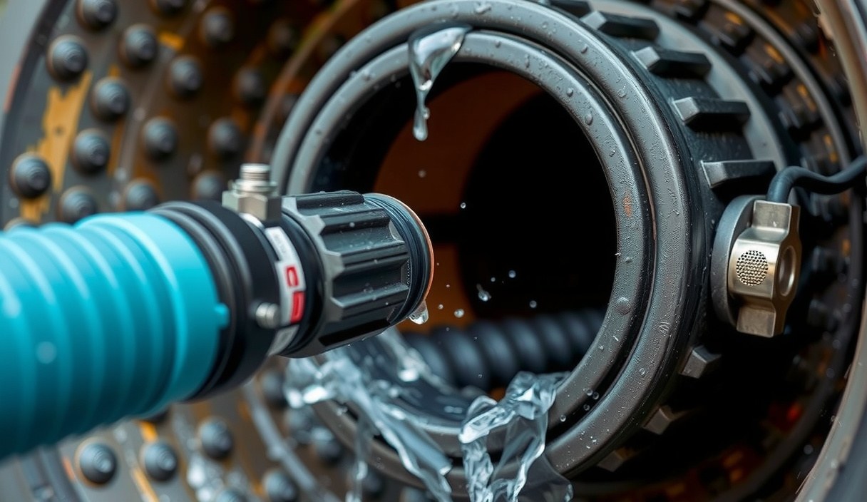 Plumber feeding a hydro jetting hose and nozzle into a sewer cleanout outside an Everett home