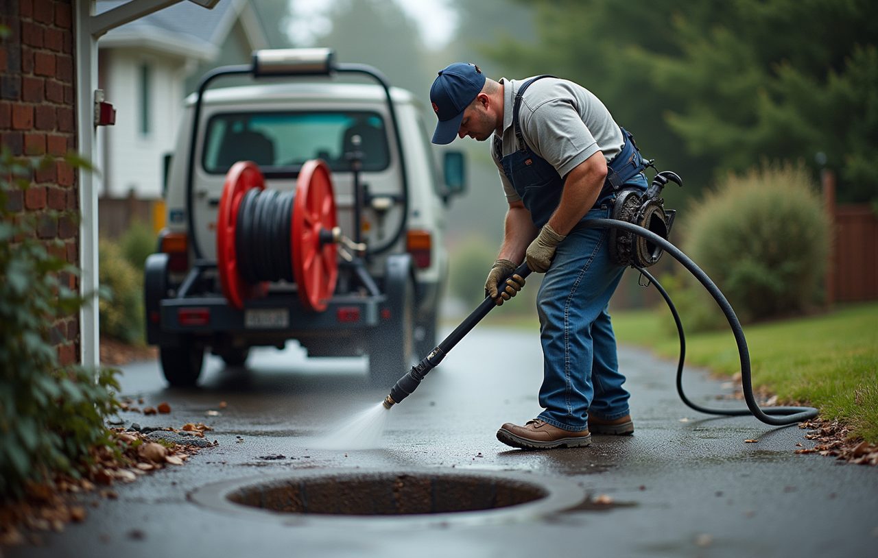 Plumber running a high-pressure hydro jetting hose from the truck reel into a driveway sewer cleanout