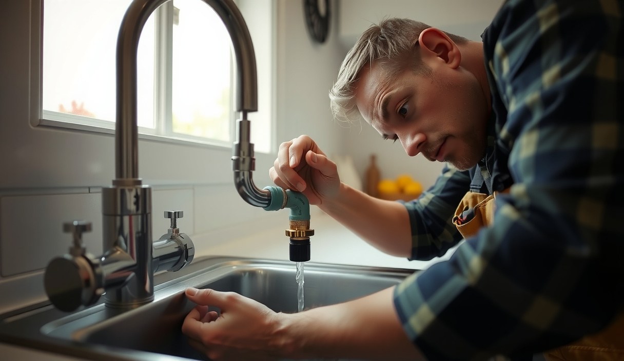 Licensed plumber checking shutoff valves, supply connectors and the drain trap under an Everett kitchen sink