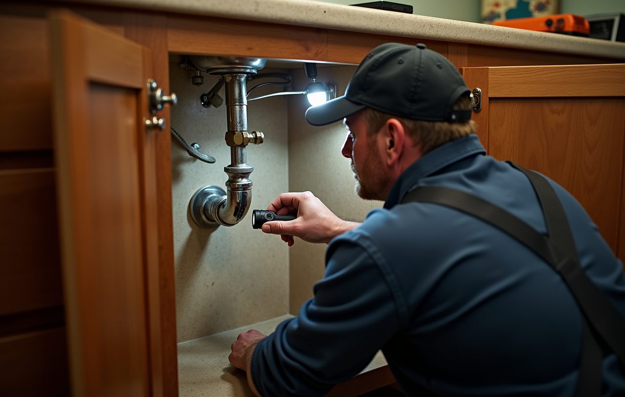 Licensed plumber checking the drain trap and shutoff valves under an Everett kitchen sink