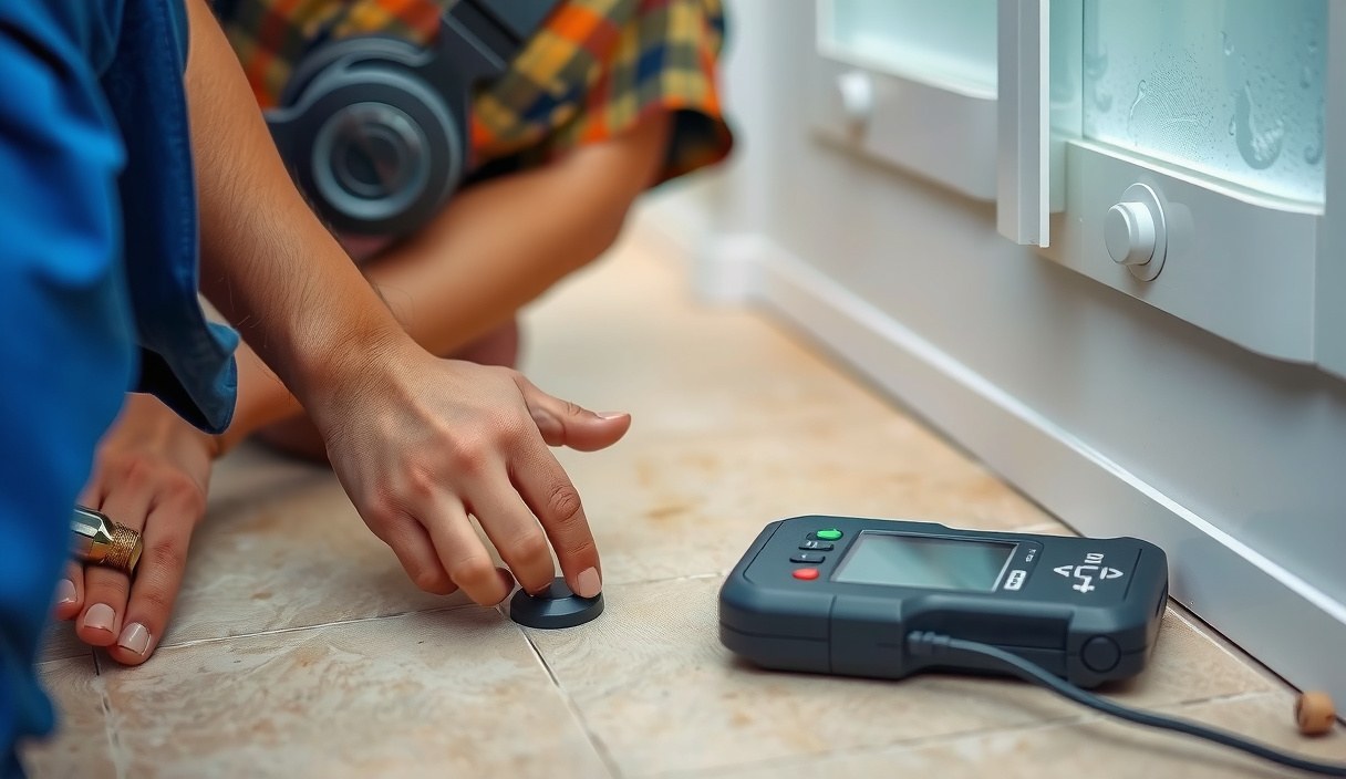 Plumber using acoustic leak detection equipment on a floor inside an Everett home