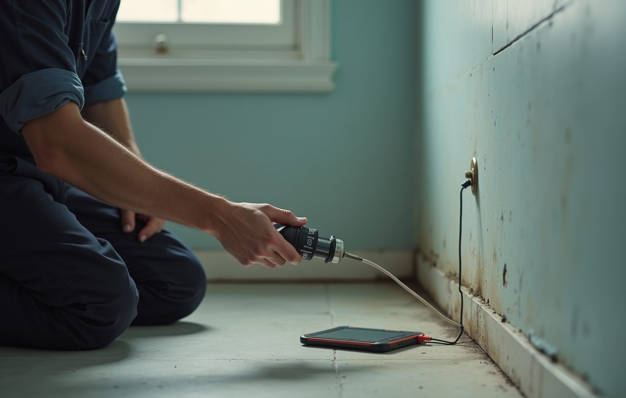 Plumber using an acoustic listening probe and moisture meter to locate a hidden water leak in a wall