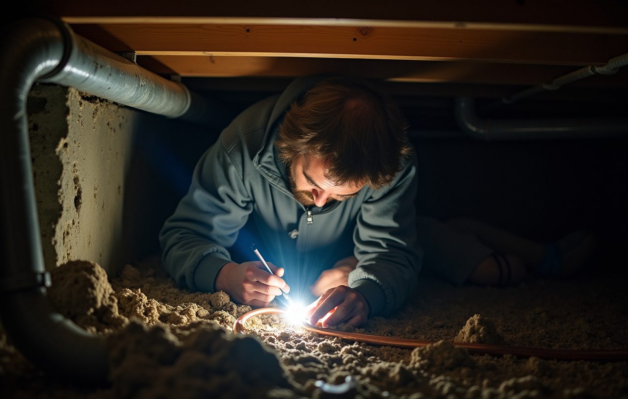 Plumber soldering a copper supply line in the crawlspace of a home in Snohomish County
