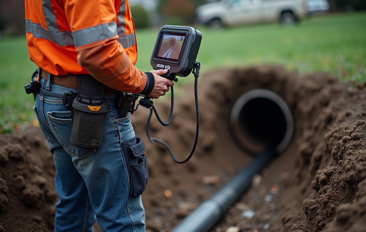 Plumber reviewing sewer camera footage at an excavated sewer line in a Snohomish County yard