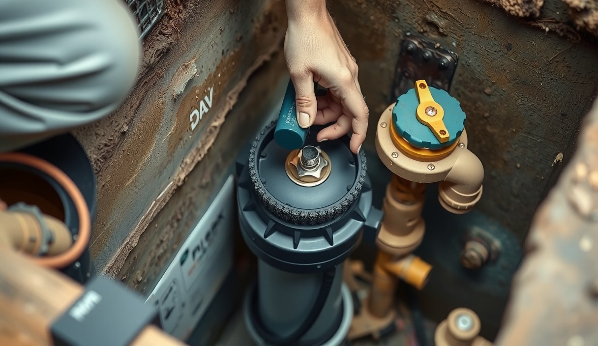 Plumber checking a submersible sump pump and float switch in a home sump pit