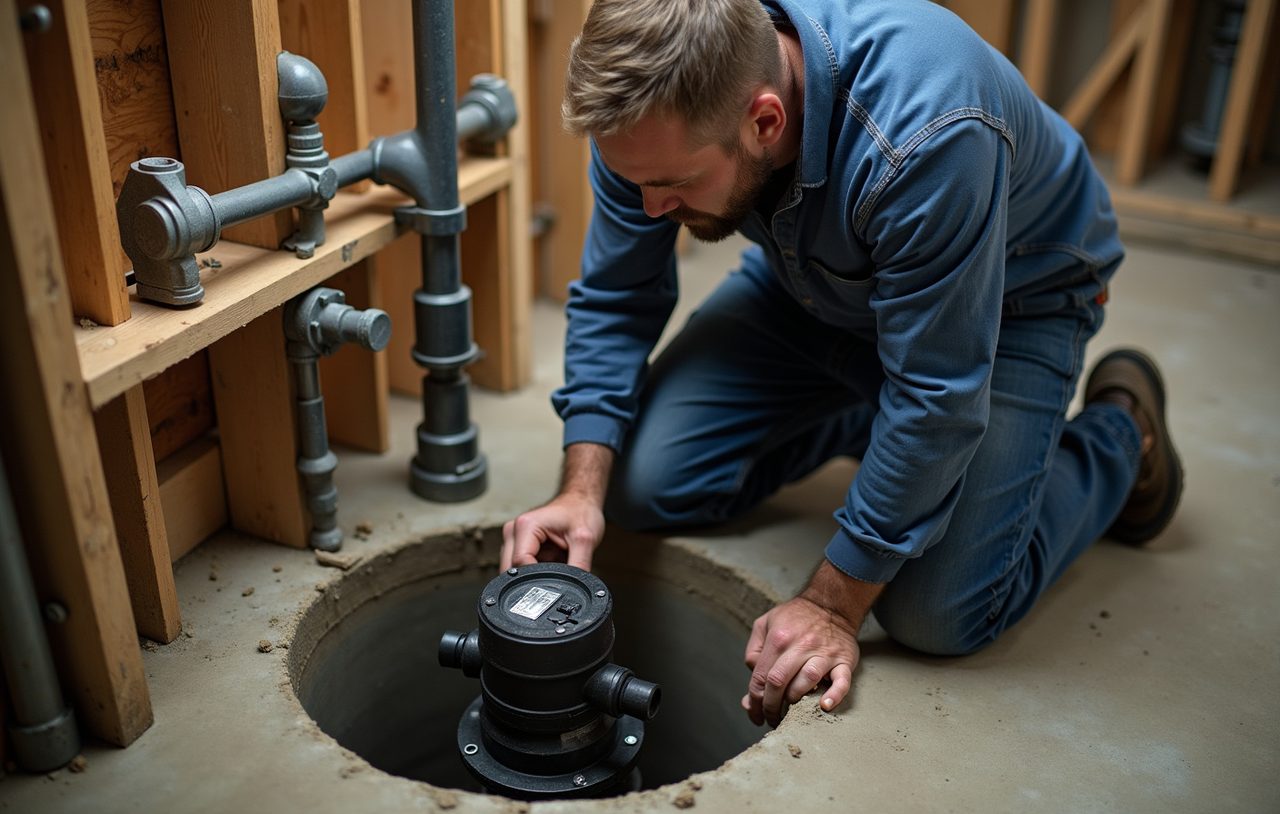 Plumber lifting a submersible sump pump out of a basement sump pit for service