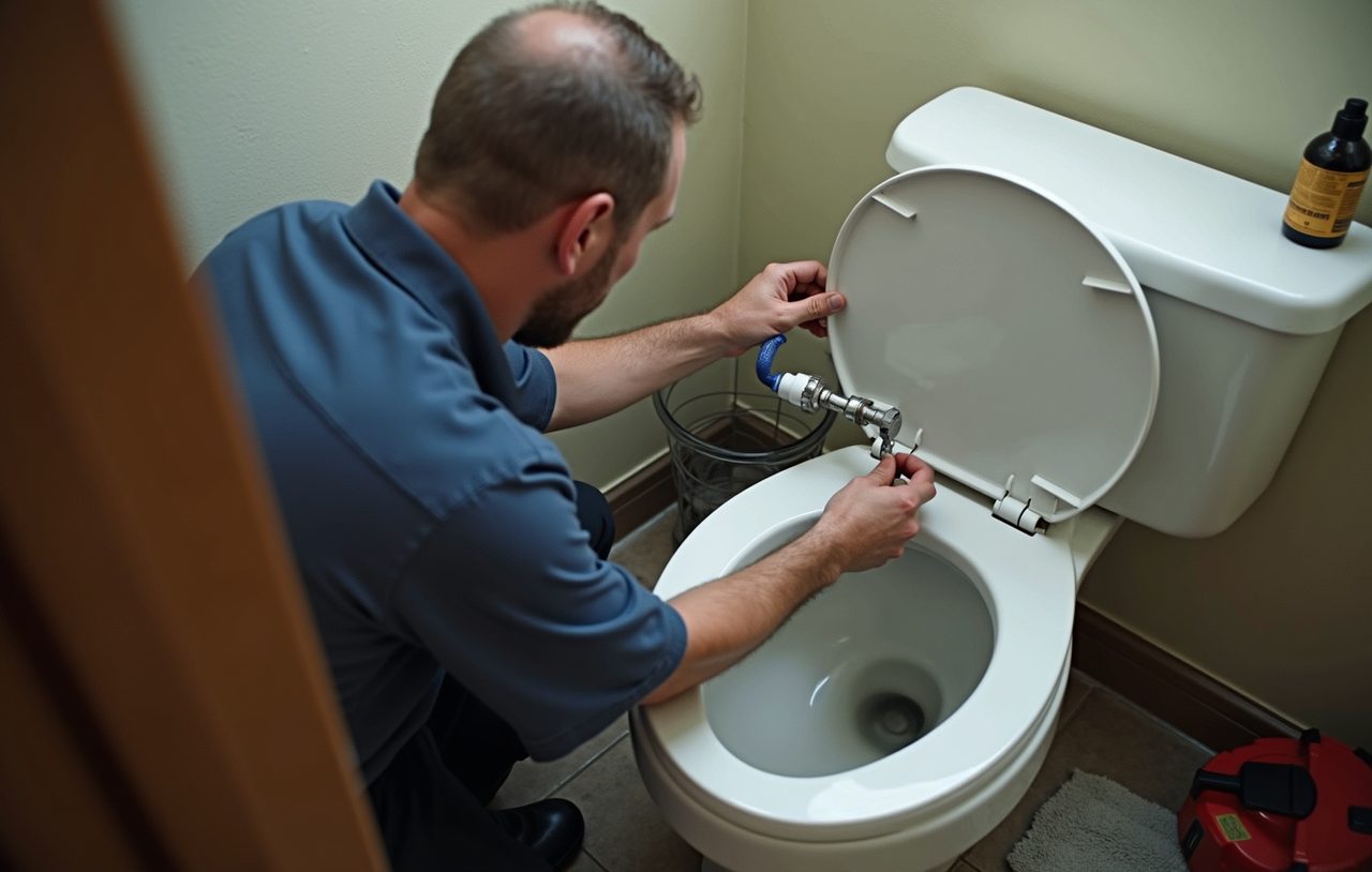 Plumber replacing the fill valve inside a toilet tank during a toilet repair in Everett, Washington
