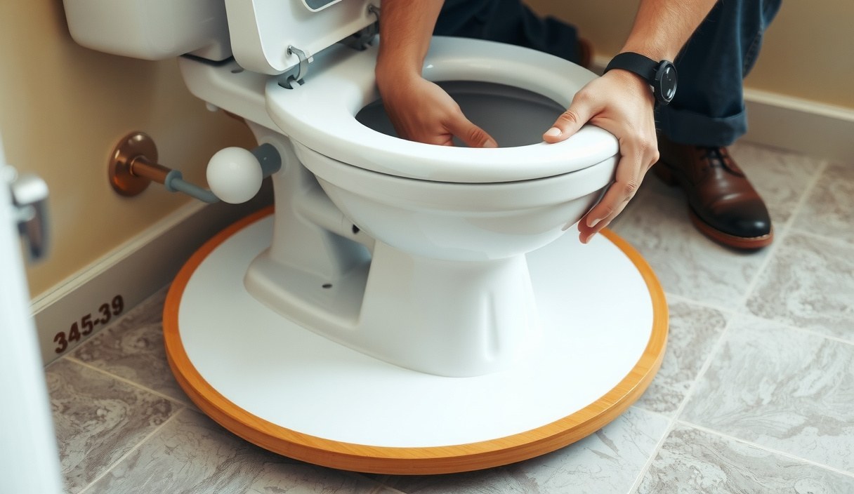 Plumber setting a toilet onto a new wax ring and closet flange during a bathroom repair