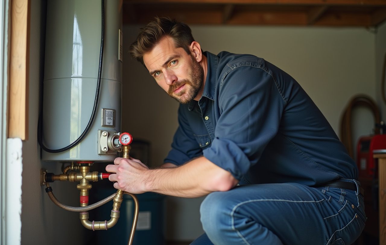 Plumber connecting the water and gas lines on a newly installed garage water heater in Everett, WA
